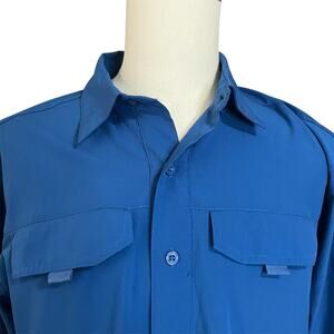 Reel Life Fishing Men Blue Long Sleeve Roll Tab Button Up Shirt Sz L Performance